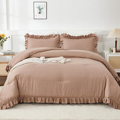 Andency California King Comforter Set Taupe (104x96Inch), 3 Pieces Cal King Ruffle Comforter, Oversized Farmhouse Shabby Chic Bed Comforter, Lighteweight and Soft Microfiber Bedding Set