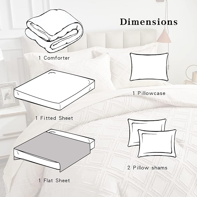 6 Pieces Tufted Bed in a Bag Twin Comforter Set with Sheets Beige, Soft and Embroidery Shabby Chic Boho Bohemian Design, Luxury Solid Color with Diamond Pattern, Jacquard Tufts Bedding Set for Kids