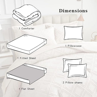 6 Pieces Tufted Bed in a Bag Twin Comforter Set with Sheets Beige, Soft and Embroidery Shabby Chic Boho Bohemian Design, Luxury Solid Color with Diamond Pattern, Jacquard Tufts Bedding Set for Kids