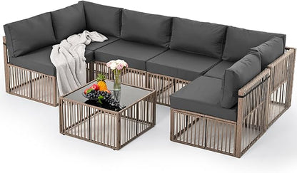 Pamapic 7 Pieces Outdoor Sectional Set, All-Weather PE Rattan Patio Conversation Set, Wicker Adjustable Patio Furniture Set with Washable Cushions Covers and Coffee Table, Brown Rattan, Gray Cushion