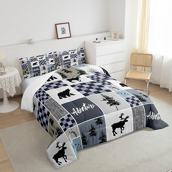 Deer Antler Comforter Set Queen Size,Bear Rustic Farmhouse Adventure Bedding Set for Kids Boys Girls Adults Room Decor,Pine Trees Plaid Patchwork Down Comforter,Blue Xmas Duvet Insert,2 Pillowcases
