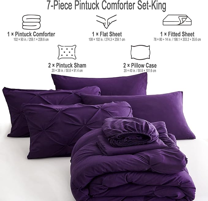 Ubauba 7pc King Size Comforter Set with Sheets, All Season Pintuck 7 Piece Bedding Sets Purple, Pinch Pleating Bed in a Bag Set with Comforters (Purple,King)