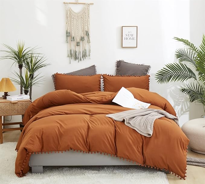 Pumpkin Comforter Set Full Burnt Orange Pom Comforter 3 Pieces Pumpkin Color Boho Ball Pom Fringe Full Comforter Bedding Set Women Solid Pumpkin Full Bed Comforter Set All Season Gift