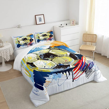 Erosebridal Soccer Bedding Set Queen Size Kids Football Comforter Set Sports Games Bed Comforter Set for Teen Girls Room Decor Colorful Hip Hop Graffiti Quilt Duvet Insert 2 Pillow Cases