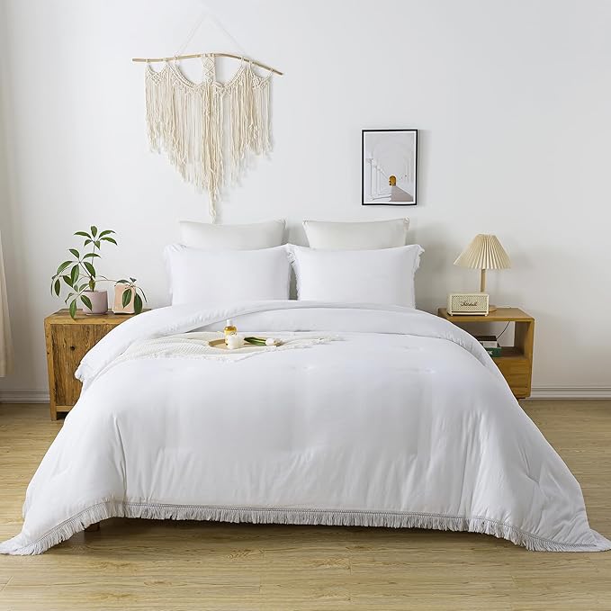 Andency White Comforter Set California King, Boho Tassel Lightweight Bedding Comforter Sets, 3 Pieces All Season Soft Fluffy Fringe Bed Set (104x96In Comforter & 2 Pillowcases)