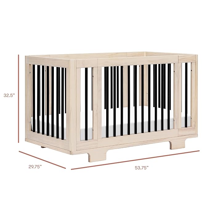 Babyletto Yuzu Convertible All-Stages Bassinet, Midi, Full-Size Crib in Washed Natural with Black, Greenguard Gold Certified, Portable & Adjustable with Conversion Kits and Pads Included