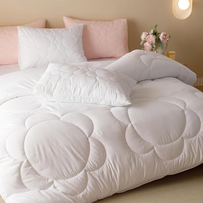 White Flower Comforter King White Sunflower Print Bed King Comforter Set 3 Pieces White Floral Comforter Set for Women Girls Bedroom Decor All Season Hotel Quality Comforter Set