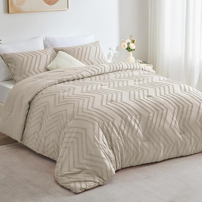 CozyLux Full Size Comforter Set Beige - 3 Pieces Boho Tufted Shabby Chic Bedding Comforter Set for All Seasons, Chevron Bedding Sets with Comforter & 2 Pillow Shams