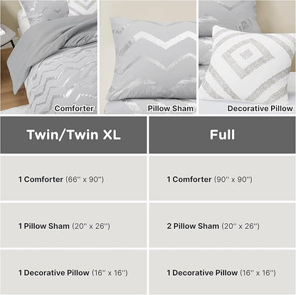 Codi Grey Queen Comforter Set, Silver Print Bedding Sets for Queen Size Bed - 4 Piece includes 1 Queen/Full Comforter with 1 Decorative Pillow and 2 Pillow Cases - All Season Warm
