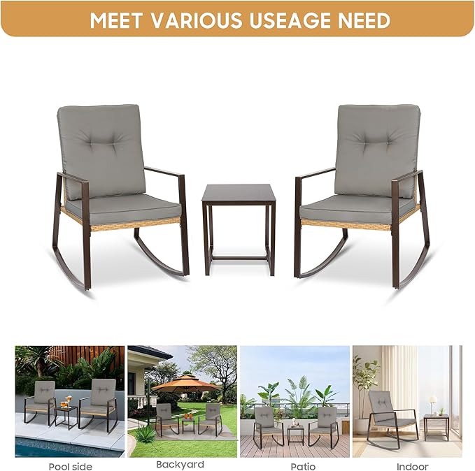 YIYAN 3 Piece Bistro Set Outdoor Patio Rocking Wicker Chairs, Patio Outdoor Furniture Conversation Sets with Porch Chairs,Coffee Table and Washable Cushion(Gray)