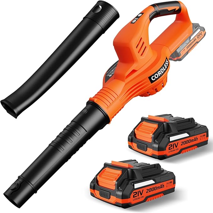 Leaf Blower Cordless - 21V Electric Cordless Leaf Blower with 2 Batteries and Charger, 2 Speed Mode, 2.0Ah Lightweight Battery Powered Leaf Blowers for Lawn Care, Patio, Blowing Leaves