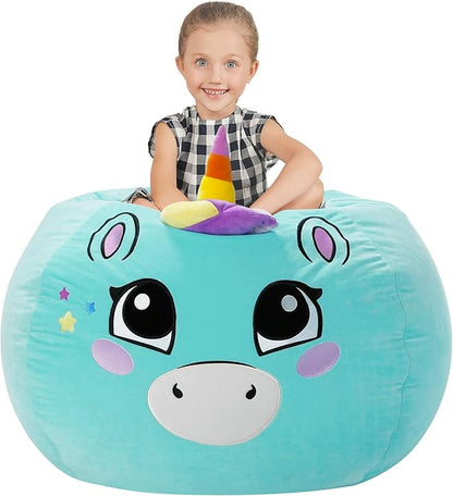 Aubliss Stuffed Animal Storage, Velvet Bean Bag Chairs Cover, Large 32" Ultra Soft Kids Toy Storage Organizer for Blankets Towels Clothes, Cyan Big Eyes