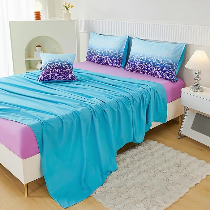 PERFEMET 6Pcs Full Size Comforter Sets for Girls Blue Purple Ombre Rainbow Kids Bedding Set Colorful Tie Dye Glitter Teen Girls Bedroom Decor Bed in A Bag