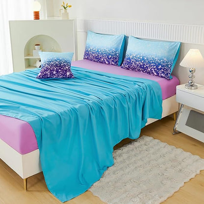 PERFEMET Blue Purple Girls Twin Comforter Set with Sheets, 6Pcs Glitter Tie Dye Rainbow Kids Girls Bedding Sets, Sparkle Gradient Ombre Bed in A Bag for Bedroom Decor