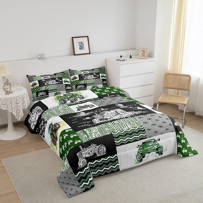 Tractor Bedding Set King Size Equipment Trucks Comforter Set Farmhouse Harvester Down Comforter for Kids Boys Car Bedroom Decor Green Vehicle Quilt Set Plaid Comforter with 2 Pillowcases, Grey