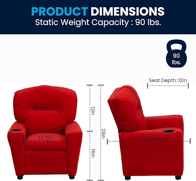 Flash Furniture Chandler Microfiber Kids Recliner with Cup Holder and Safety Recline, Contemporary Reclining Chair for Kids, Supports up to 90 lbs., Red