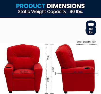 Flash Furniture Chandler Microfiber Kids Recliner with Cup Holder and Safety Recline, Contemporary Reclining Chair for Kids, Supports up to 90 lbs., Red