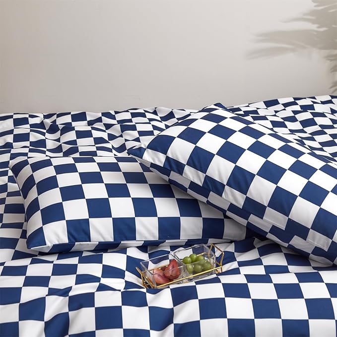 Wellboo Blue and White Comforter Sets Twin Women Men Diamond Royal Blue Checkerboard Grid Bedding Comforters Cotton Modern Jewelry Blue Checkered Geometric Quilts Luxury Sapphire Buffalo Plaid Bed