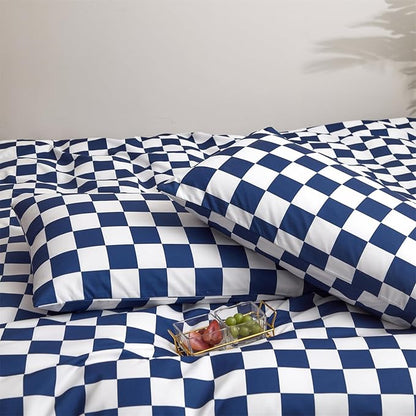 Wellboo Blue and White Comforter Sets Queen Women Men Diamond Royal Blue Checkerboard Grid Bedding Comforters Cotton Modern Jewelry Blue Checkered Geometric Quilts Luxury Sapphire Buffalo Plaid Bed