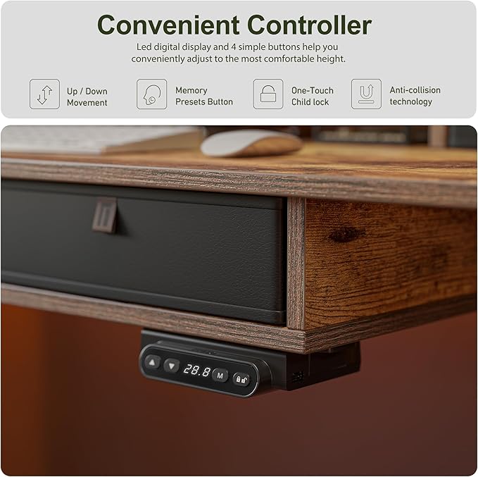BANTI Height Adjustable Electric Standing Desk with 4 Drawers, 55 x 24 Inch Table with Storage Shelf, Sit Stand Desk, Rustic Brown Top