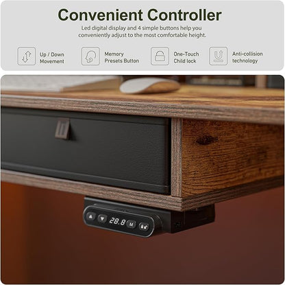 BANTI Height Adjustable Electric Standing Desk with 4 Drawers, 55 x 24 Inch Table with Storage Shelf, Sit Stand Desk, Rustic Brown Top