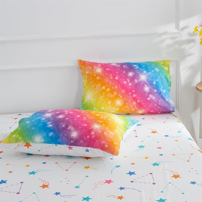 A Nice Night 6Pcs Gradient Glitter Bedding Set for Girls, Colorful Rainbow Galaxy Comforter Set, Ultra Soft Bedding Sets (Multi,Full 6Pcs)