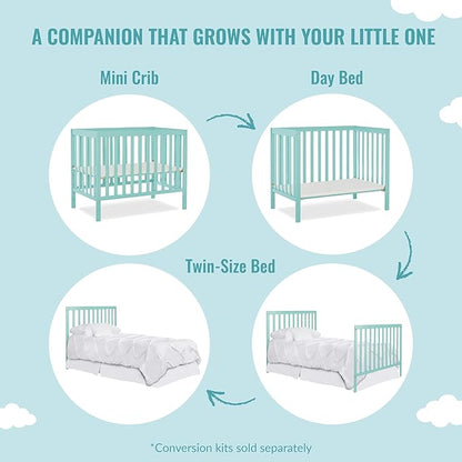 Edgewood 4-In-1 Convertible Mini Crib In Mint, JPMA Certified, Non-Toxic Finish, New Zealand Pinewood, With 3 Mattress Height Settings, Included 1" Mattress Pad