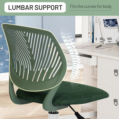 FurnitureR Kids Desk Chair, Home Office Chair Small Armless Cute with Padded Fabric Cushion and Plastic Mid Back Rolling Adjustable Swivel Computer Task Chair for Child Student, Dark Green