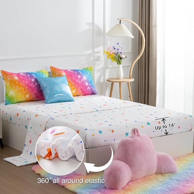 A Nice Night 6Pcs Gradient Glitter Bedding Set for Girls, Colorful Rainbow Galaxy Comforter Set, Ultra Soft Bedding Sets (Multi,Queen 6Pcs)