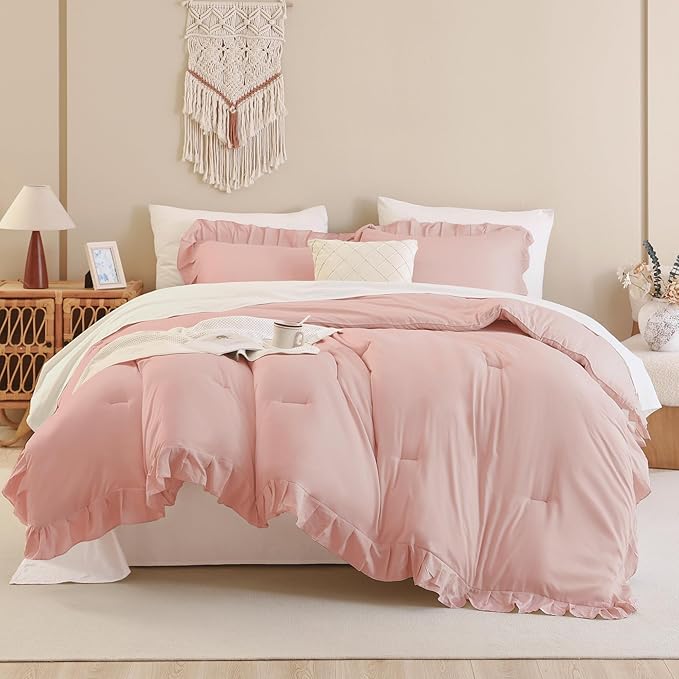 Andency Blush Pink Ruffle Comforter King, 3 Pieces All Season Farmhouse Shabby Chic Comforter, Vintage Rustic Soft Microfiber Down Alternative Bedding Comforter Set