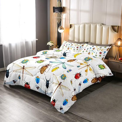 Erosebridal Kids Dragonfly Down Comforter Dragonfly Gifts for Women, Ladybug Insect Comforter Set Queen Size for Children Boys Girls Teens, Reptile Pattern Bedding Comforters Colorful Duvet Insert