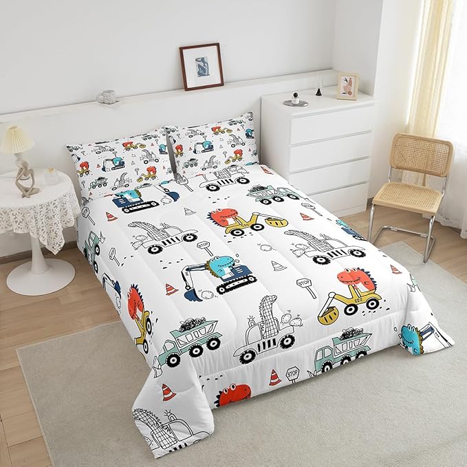 Feelyou Kids Cartoon Car Comforter Set Construction Bedding Set Queen Size Tractor Vehicle Truck Comforter for Kids Boys Girls Cute Dinosaur Quilt Set Yellow Blue Soft for Teens Child Room Decor