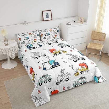 Feelyou Kids Cartoon Car Comforter Set Construction Bedding Set Queen Size Tractor Vehicle Truck Comforter for Kids Boys Girls Cute Dinosaur Quilt Set Yellow Blue Soft for Teens Child Room Decor