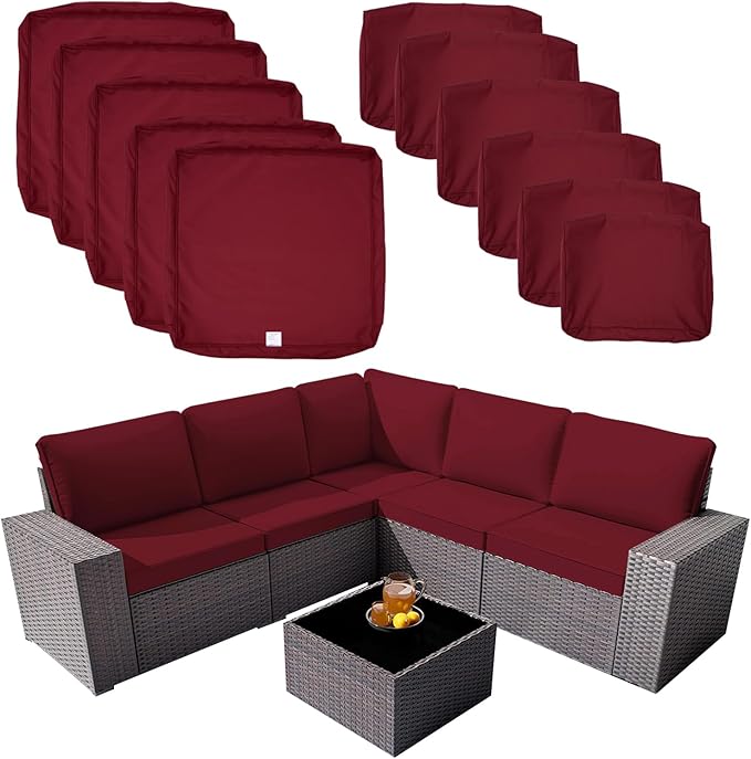 ClawsCover 11Pack Outdoor Seat and Back Cushions Replacement Covers Fit for 5-Seater 6Pieces Wicker Rattan Patio Furniture Conversation Set Sectional Couch Chairs,Burgundy-Included Cover Only