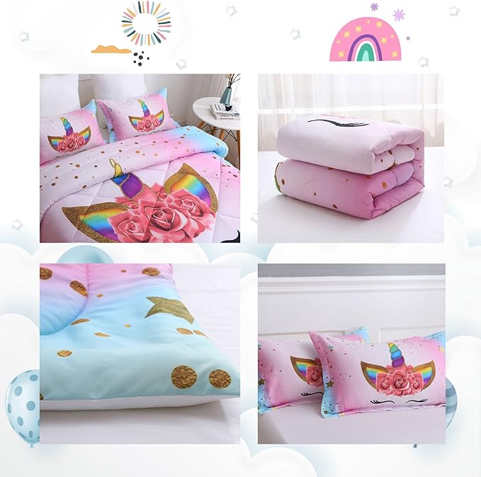 Kids Unicorn Bedding Set Twin Size for Girls, Pink Rainbow Girls Twin Comforter Set with 2 Pillowcases, Floral Kids Unicorn Bed Set Twin, Unicorn Room Decor for Girls Bedroom, All Season