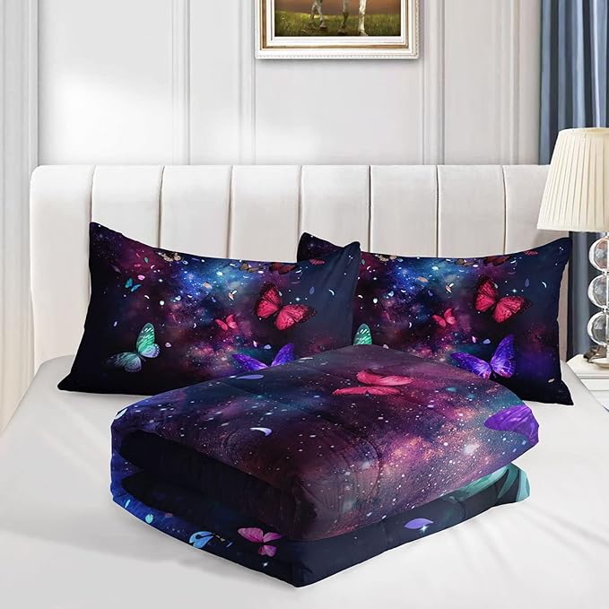 Butterfly Comforter Set for Girls Women,Colorful Butterflies in Space Galaxy Printed Black Bedding Set with 2 Pillowcases(Butterfly Galaxy Twin)