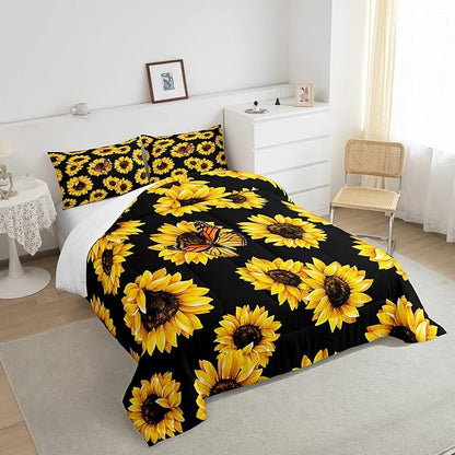 Feelyou Sunflower Bedding Set Girls Yellow Floral Butterfly Comforter Chic Flowers Pattern Comforter Set for Kids Teens Botanical Nature Duvet Set Ultra Soft Room Decor Queen Size…