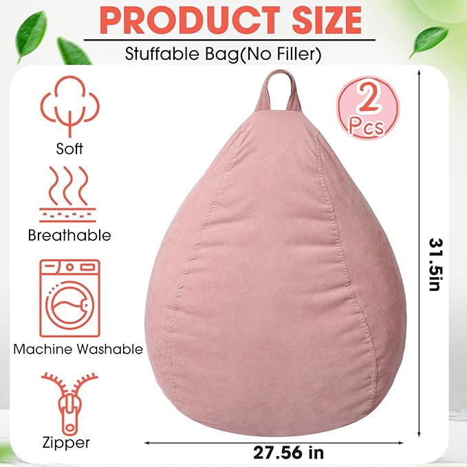 2 Pcs 100L Stuffed Animal Storage Bean Bag Chair Cover (No Filler) for Kids Soft Corduroy Stuffable Bean Bag Zipper for Organizing Children Plush Toys(Pink)