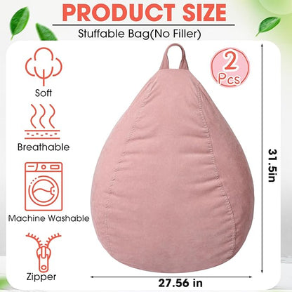 2 Pcs 100L Stuffed Animal Storage Bean Bag Chair Cover (No Filler) for Kids Soft Corduroy Stuffable Bean Bag Zipper for Organizing Children Plush Toys(Pink)