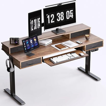 Electric Standing Desk, Multifunctional Standing Desk Adjustable Height, 55 * 24 Standing Desk with 4 Drawers, Ergonomic Adjustable Standing Desk with Keyboard Tray, Rustic Brown