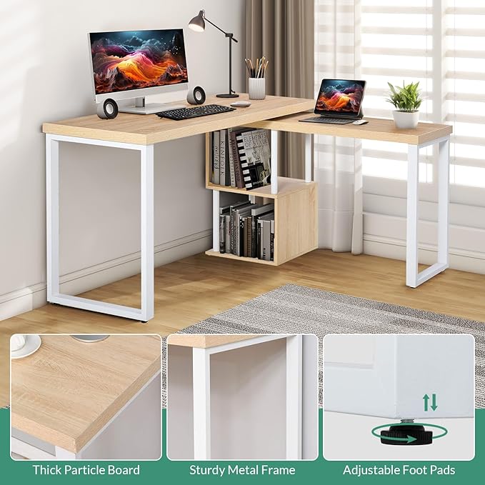 Airdown 55 Inch Reversible L Shaped Home Office Computer Desk with 2-Tier Storage Shelf for Bedroom, Dorm, Study Room, Light Oak
