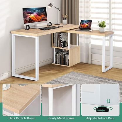 Airdown 55 Inch Reversible L Shaped Home Office Computer Desk with 2-Tier Storage Shelf for Bedroom, Dorm, Study Room, Light Oak