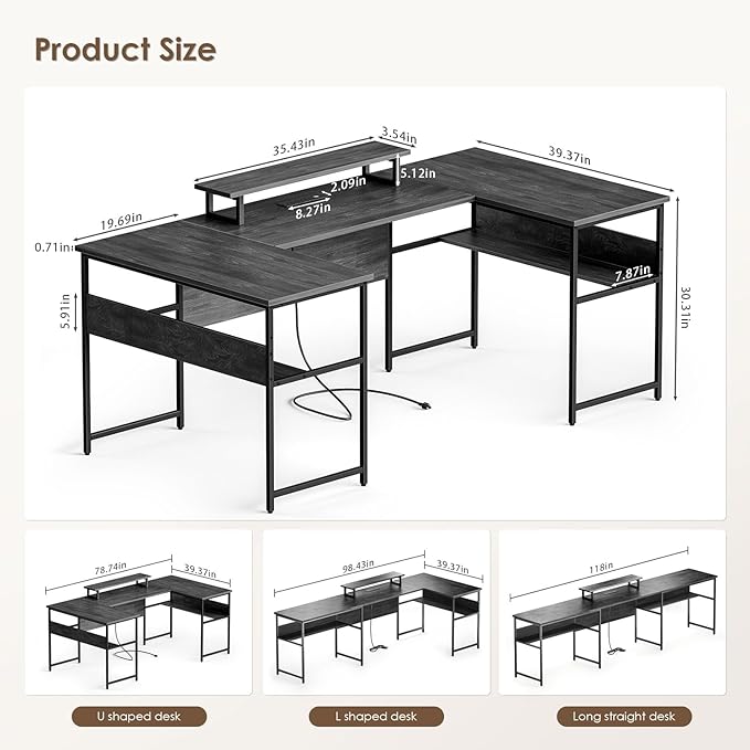 79” U Shaped Desk with Power Outlets, Reversible L Shaped Gaming Desk with Storage Shelves, Large Corner Computer Desk with Monitor Stand, 2 Person Desk for Home Office, Grey Black