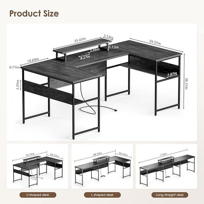 79” U Shaped Desk with Power Outlets, Reversible L Shaped Gaming Desk with Storage Shelves, Large Corner Computer Desk with Monitor Stand, 2 Person Desk for Home Office, Grey Black