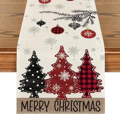 Artoid Mode Red Pine Trees Merry Christmas Table Runner, Winter Xmas Holiday Kitchen Dining Table Decoration for Home Party Decor 13x108 Inch