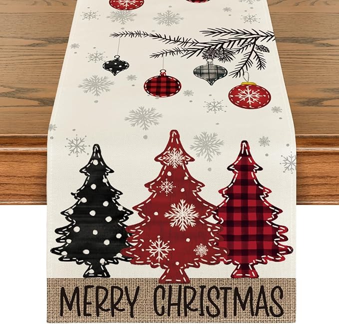 Artoid Mode Red Pine Trees Merry Christmas Table Runner, Winter Xmas Holiday Kitchen Dining Table Decoration for Home Party Decor 13x60 Inch