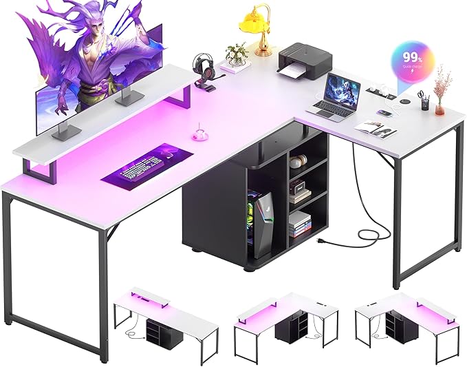 Cyclysio L Shaped Gaming Desk with Wood Cabinet, 58" Large Corner Desk with LED Lights & Power Outlet, Reversible Computer Desk with Monitor Stand, Home Office Desk 2 Person Corner Desk, White Black