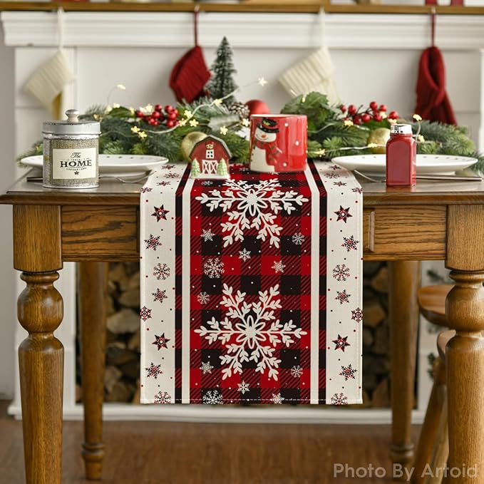 Artoid Mode Buffalo Plaid Snowflakes Christmas Table Runner, Seasonal Winter Kitchen Dining Table Decoration for Home Party Decor 13x48 Inch