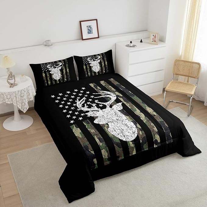 American Flag Comforter Set,Deer Hunting Down Comforter Army Green Military Camo Bedding Set Full For Boys Teens Kids Man,Western Farmhouse Stars Stripes Bedding Quilt Set Bedroom Decor 3 Pcs