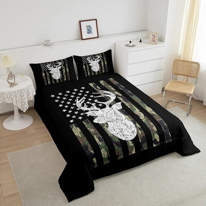 American Flag Comforter Set,Deer Hunting Down Comforter Army Green Military Camo Bedding Set Full For Boys Teens Kids Man,Western Farmhouse Stars Stripes Bedding Quilt Set Bedroom Decor 3 Pcs